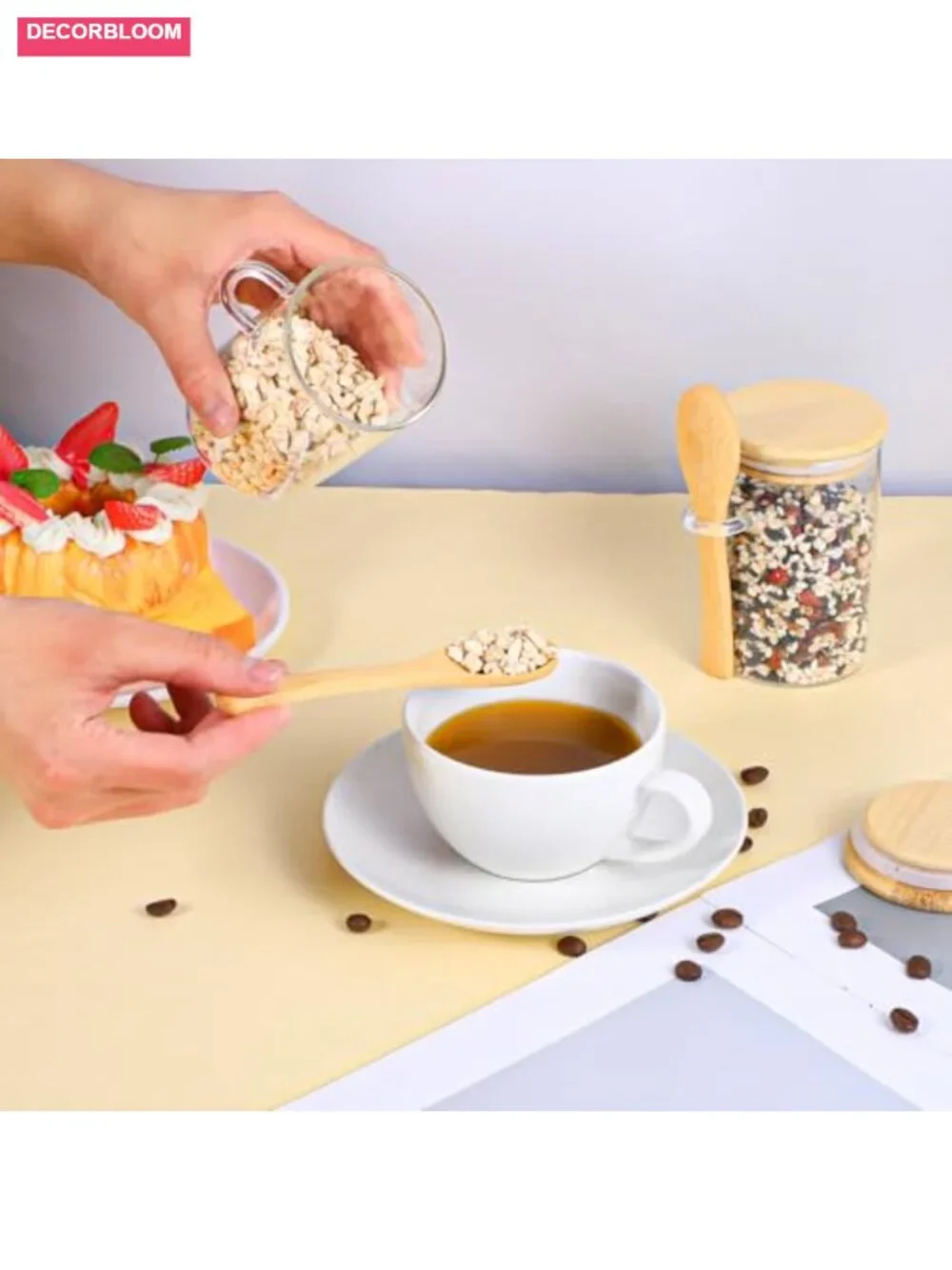Set of 8 Airtight Glass Jars with Bamboo Lids and Spoons for Kitchen Storage